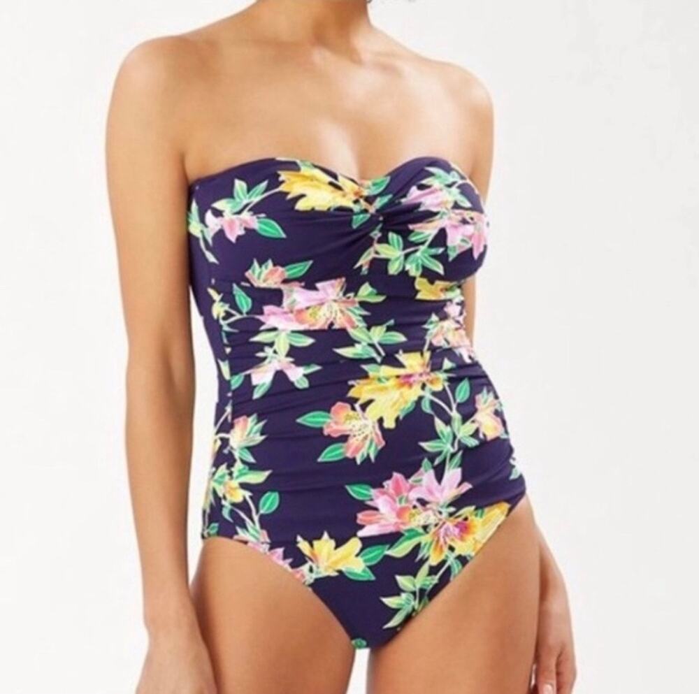 Tommy Bahama Sun Lilies Twist Bandeau One-Piece Swimsuit Size 12